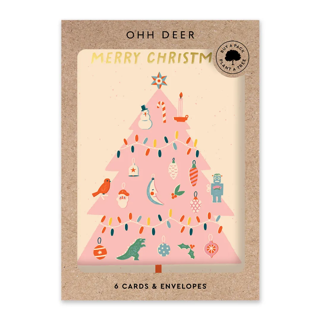 Ohh Deer Christmas Cards*Pack of 6 Christmas Cards - Pink Christmas Tree